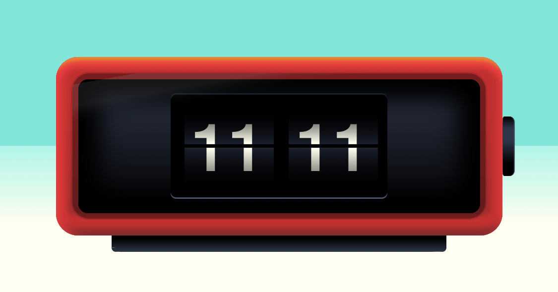 Rendering of bright red flip clock on a white surface in front of a teal wall